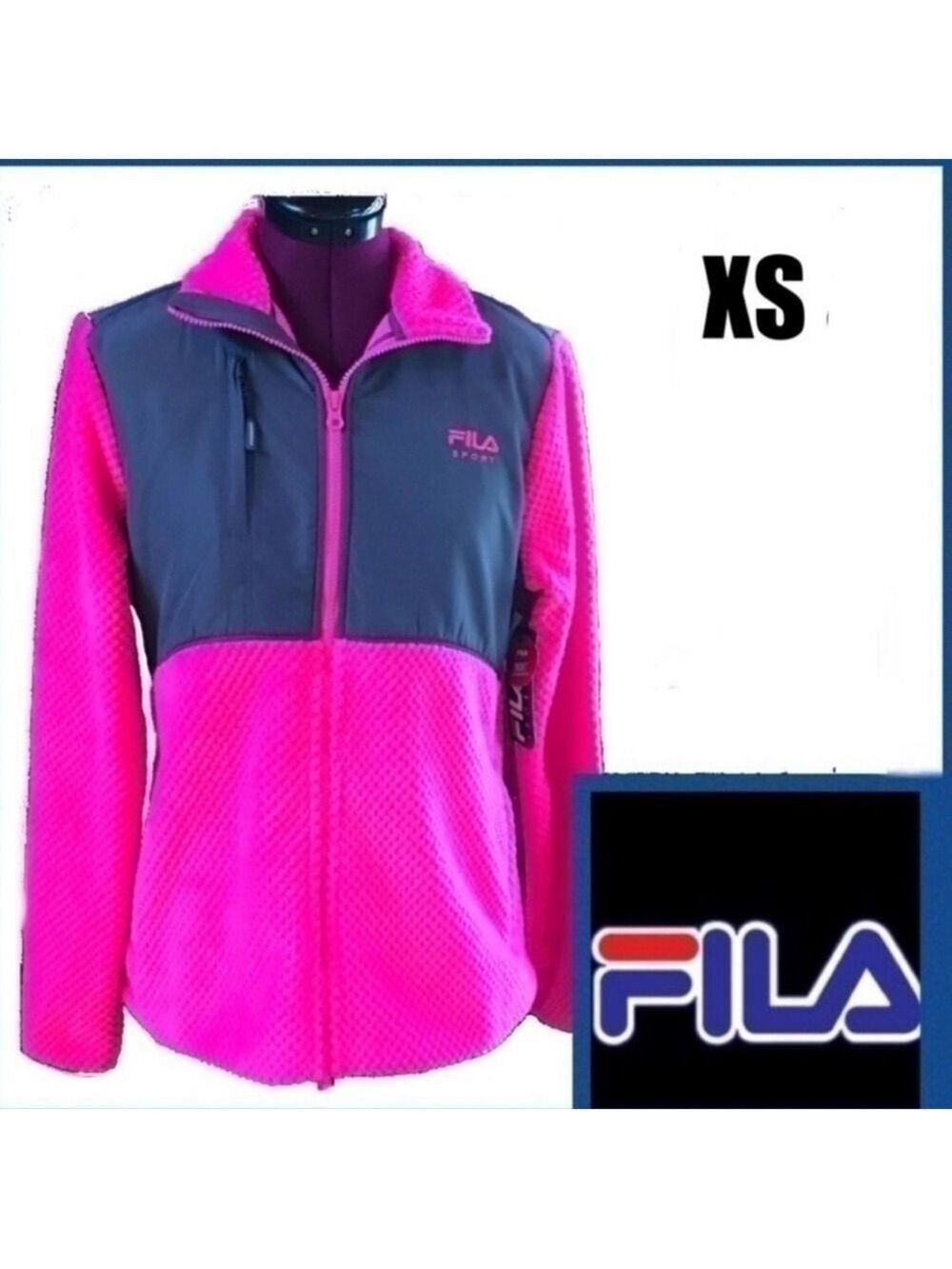 Fila Sports Jacket New Pink Black Extra Small Velour Type Material Full Zip